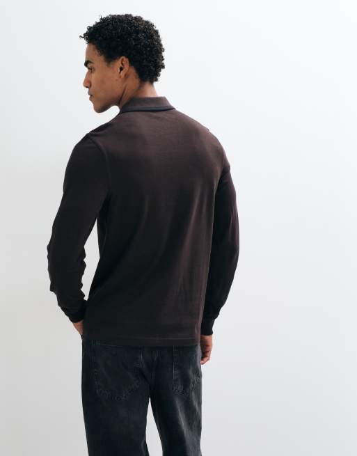 Fred Perry polo à manches longues à double liseré marron foncé avec liseré noir, 4 de 5