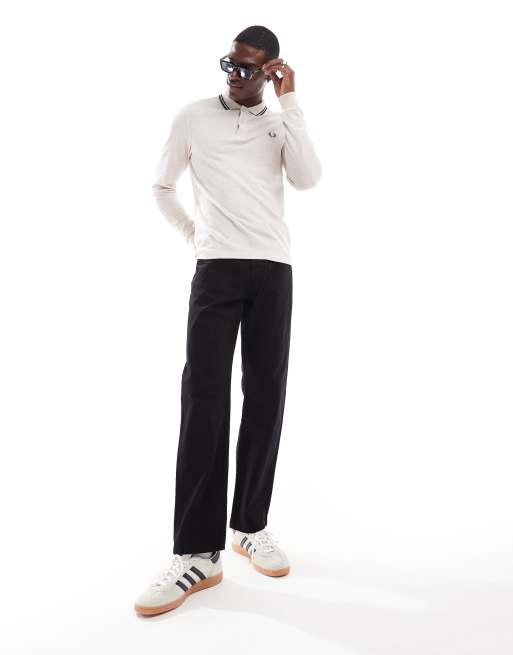 Fred Perry - Polo a maniche lunghe bianco sporco con doppia riga a contrasto sul colletto, 3 di 4