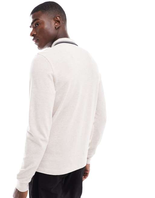 Fred Perry - Polo a maniche lunghe bianco sporco con doppia riga a contrasto sul colletto, 4 di 4