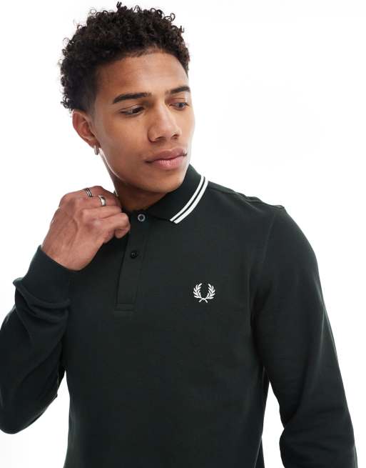 Fred Perry Polo a maniche lunghe verde scuro con doppia riga a contrasto sul colletto ASOS