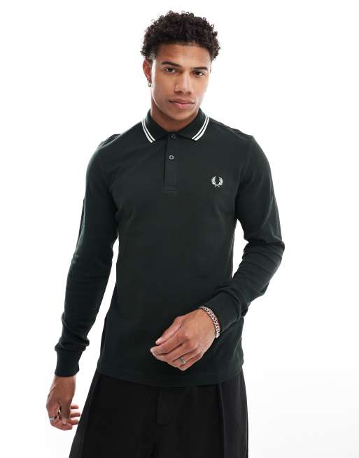 Fred Perry - Polo a maniche lunghe verde scuro con doppia riga a contrasto sul colletto, 3 di 4