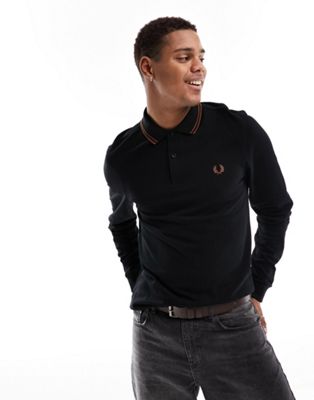 Fred Perry twin tipped logo polo in black/brown - ASOS Price Checker