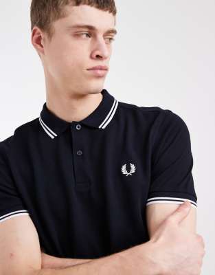 Fred Perry twin tipped logo polo in navy/white - ASOS Price Checker