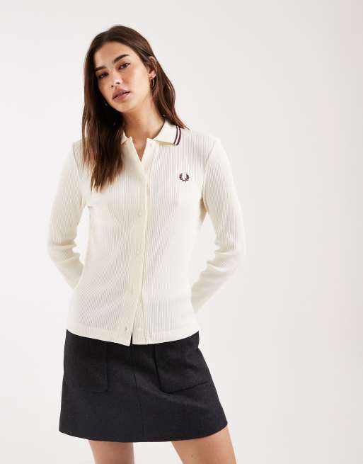 Fred Perry - Polo boutonné en maille côtelée à logo - Écru, 4 de 4