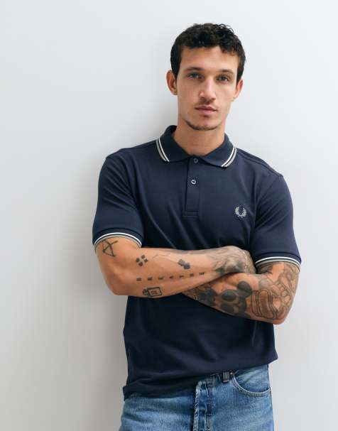 Fred Perry polo con doble ribete en azul marino Airforce con ribetes blancos y grises - view 1
