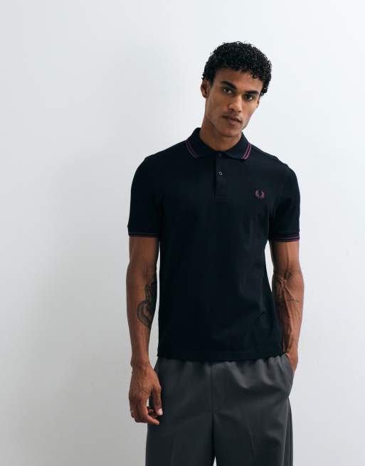 Fred Perry polo con doppio bordo in nero con profili color prugna, 1 di 5