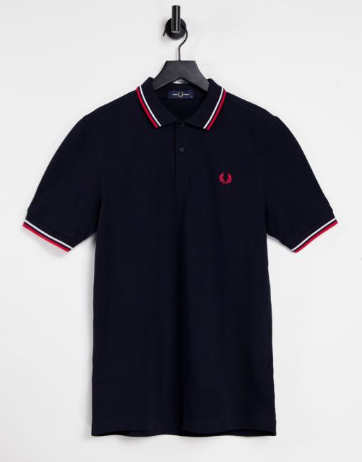 Fred Perry - Polo con logo e doppia riga a contrasto su colletto e maniche blu navy/bianco/rosso