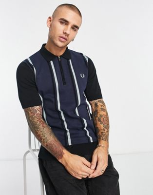Fred Perry knitted vertical stripe polo shirt in navy - ASOS Price Checker
