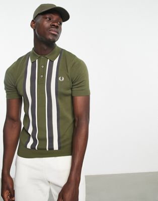 Fred Perry stripe knitted polo shirt in green - ASOS Price Checker