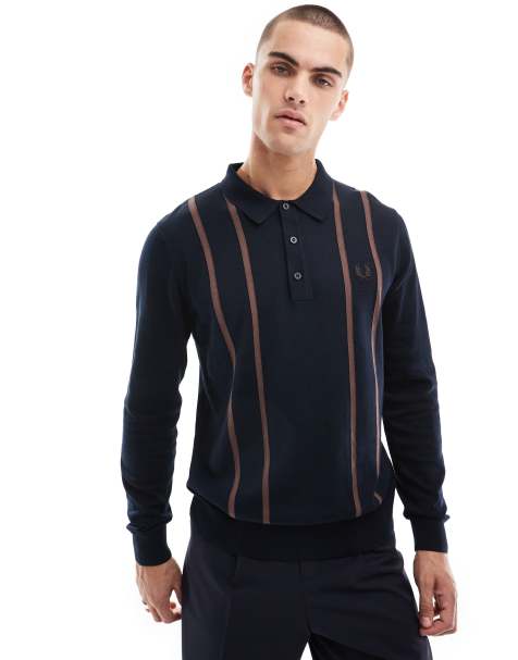Fred Perry - Polo manches longues en maille à rayures verticales - Bleu marine - view 1