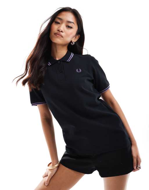Fred Perry - Polo nera con doppie righe a contrasto viola glitterate sui bordi