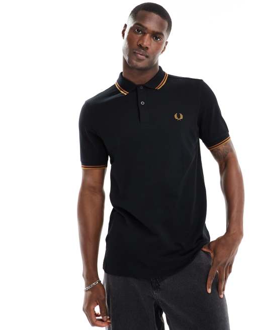 Fred Perry - Polo nera con righe doppie a contrasto su maniche e colletto