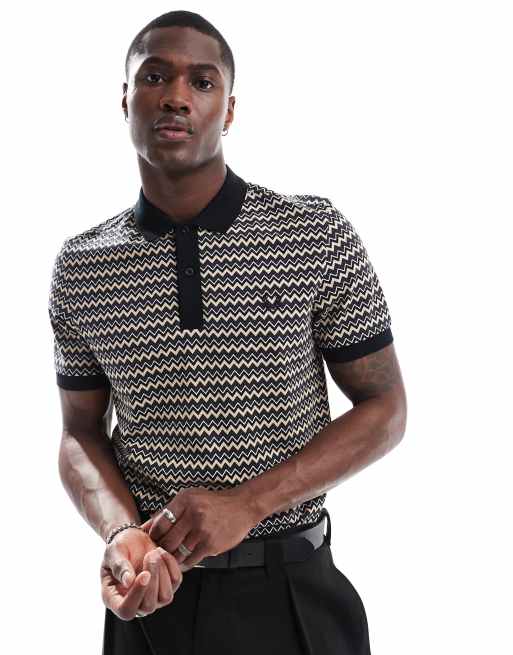 ClassicfuncenterShops Fred Perry polo shirt in horiztonal zig zag stripe Topman Kremowa koszulka polo