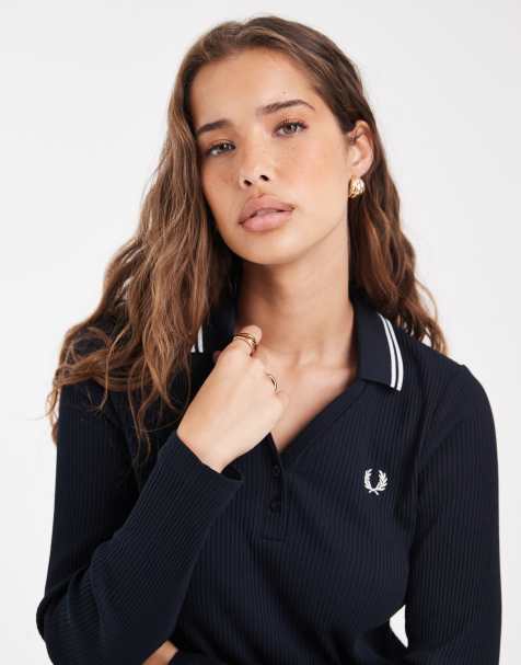 Fred Perry polo shirt med ribstrik, lange ærmer og dobbelte striber i navy - view 1
