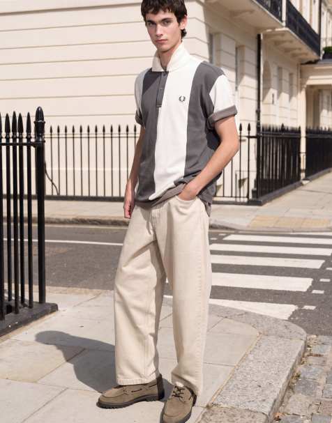 Fred Perry polo shirt met cut-and-sew panelen in ecru en kaki - view 1
