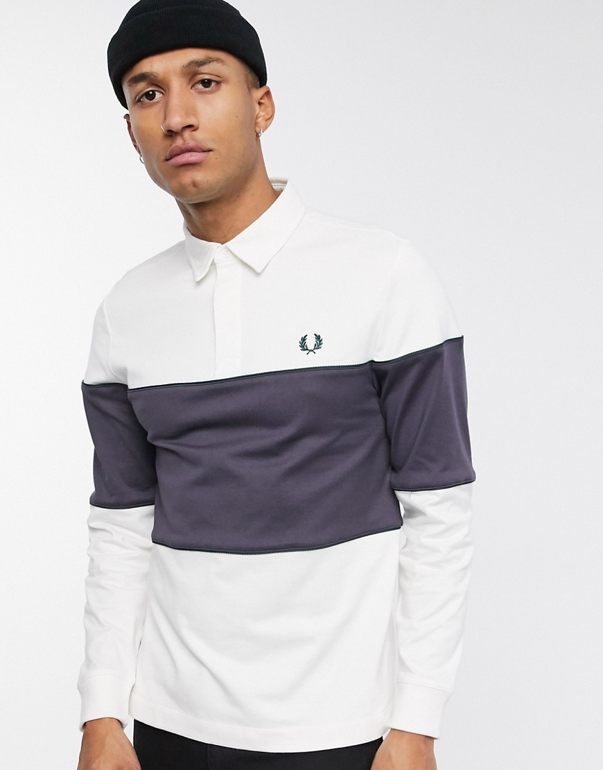 Fred Perry - Polo stile rugby color block bianca e grigia-Bianco