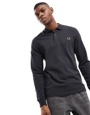 Fred Perry plain long sleeve polo in charcoal - ASOS Price Checker