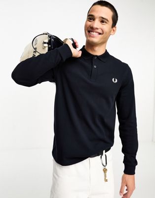 Fred Perry plain long sleeve polo shirt in navy - ASOS Price Checker