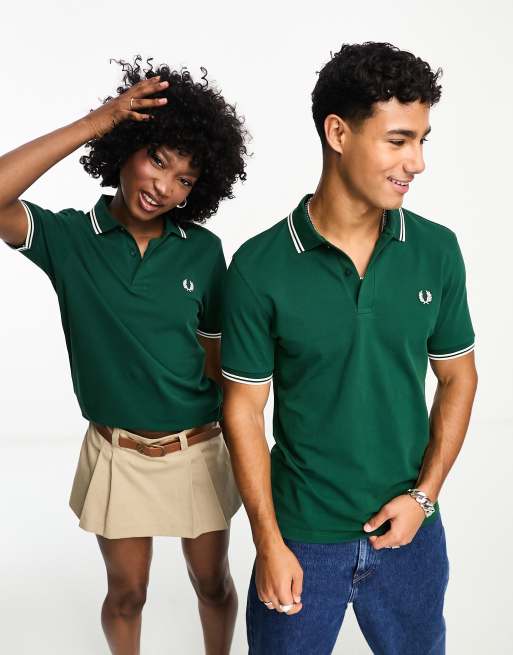 Fred Perry - Polo unisex verde con logo e doppia riga a contrasto su colletto e maniche