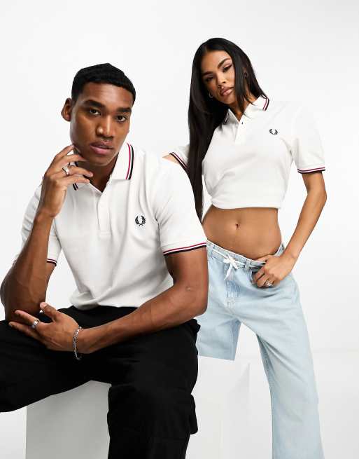 Fred Perry - Polo unisexe avec logo et bordures à double liseré - Blanc/rouge/bleu marine