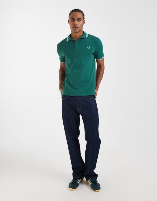 Fred Perry - Polo verde con doppia riga a contrasto blu e crema, 2 di 5