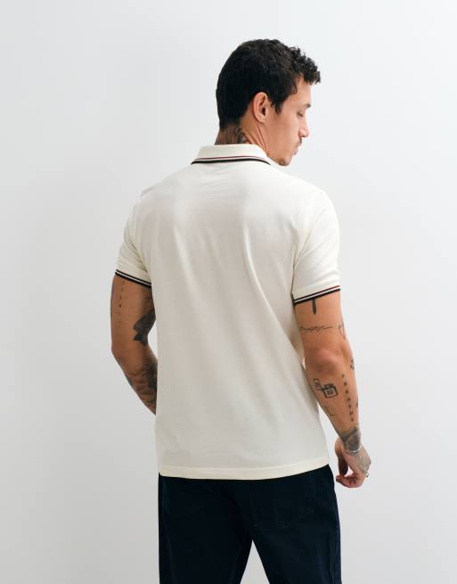 Fred Perry poloshirt in ecru met groene en bordeauxrode biezen, 5 van 5