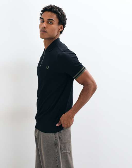 Fred Perry poloshirt met contrasterende bies en rits in zwart, 4 van 5