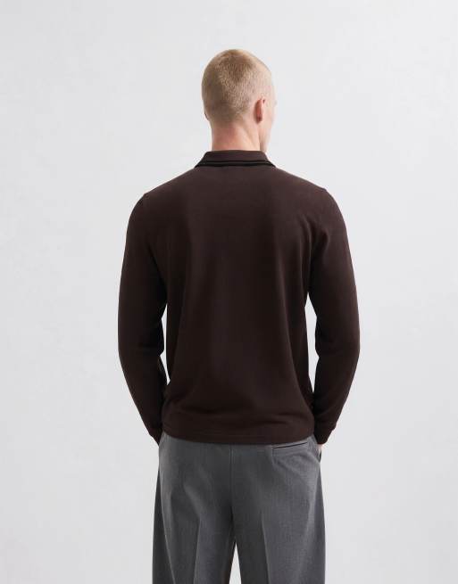 Fred Perry poloshirt met dubbele bies in donkerbruin met zwarte bies, 10 van 10