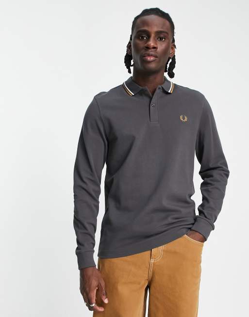 Fred Perry Poloshirt met een gekleurd randje en lange mouwen in grijs