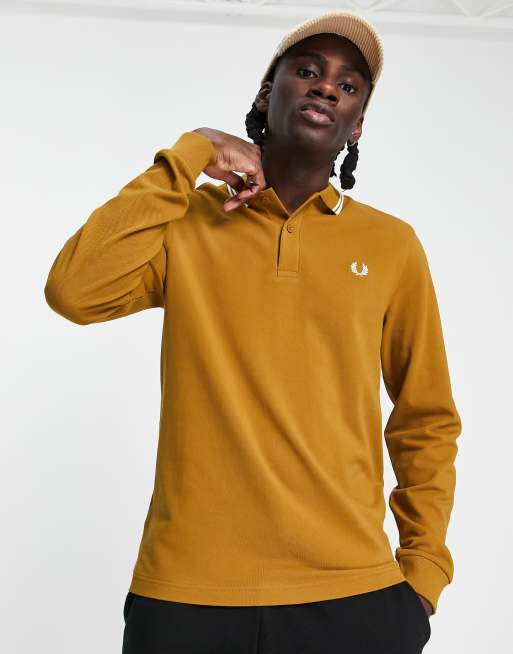 Fred Perry - Poloshirt met een gekleurd randje en lange mouwen in mosterdgeel