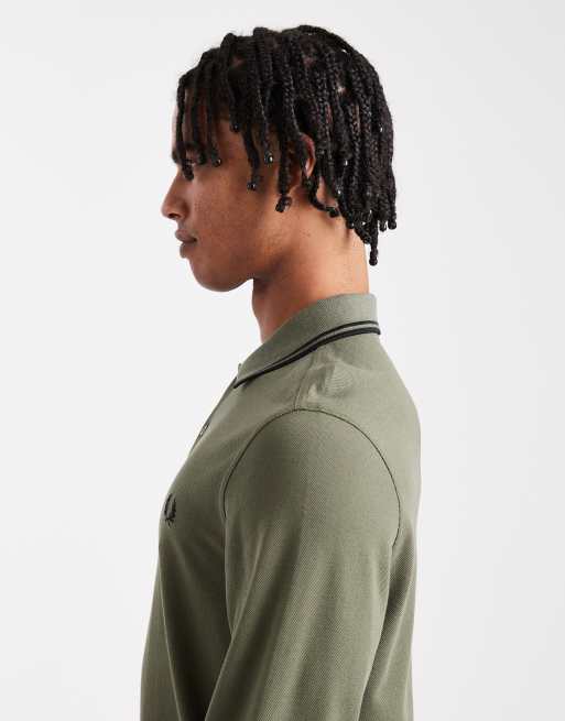 Fred Perry - Poloshirt met lange mouwen en contrastrand in kaki, 4 van 5
