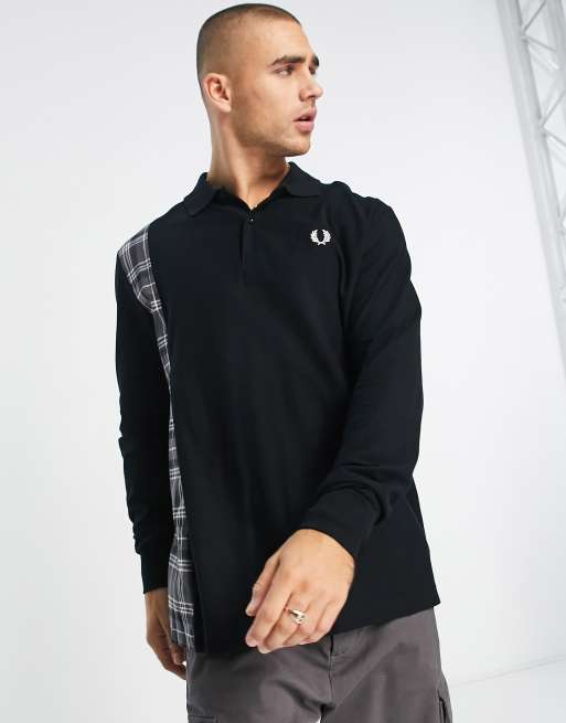 Fred Perry - Poloshirt met lange mouwen en paneel met Schotse ruit in zwart