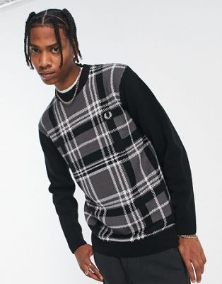 Fred Perry tartan panel jumper in black - ASOS Price Checker