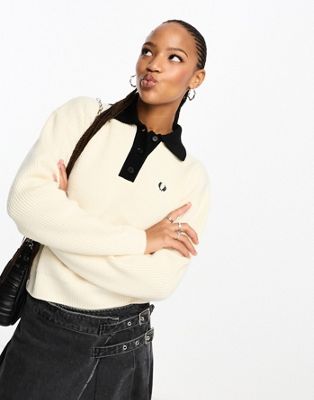 Fred Perry knit jumper with collar in ecru - ASOS Price Checker