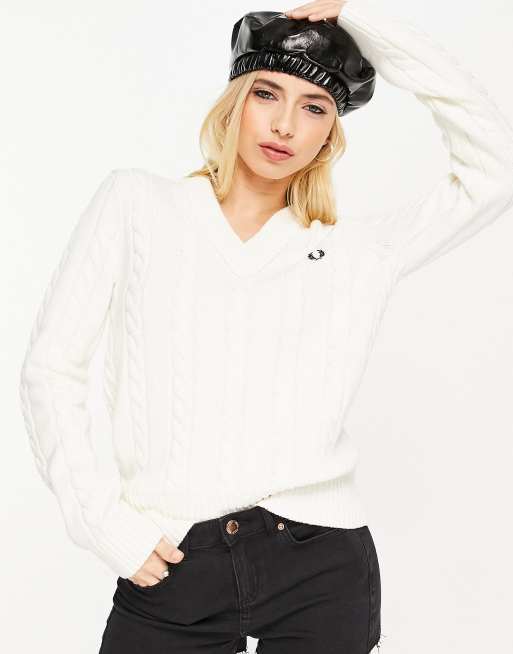 Fred Perry - Pull en maille torsadée à col en V - Blanc 