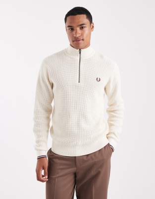 Fred Perry - Pull gaufré à col zippé - Crème-Blanc
