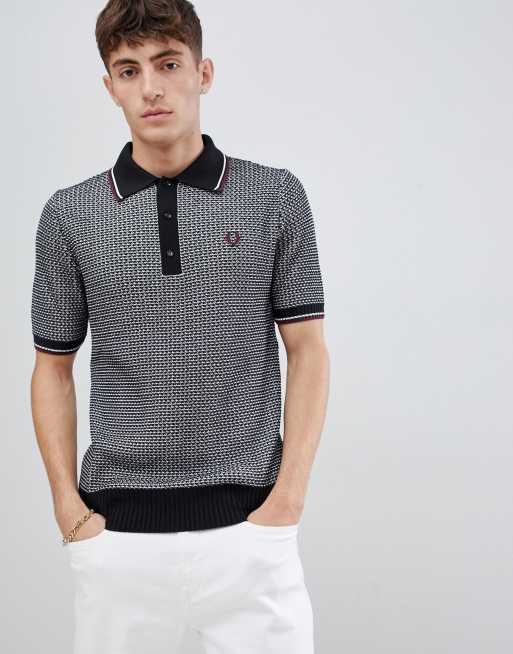 Fred Perry Reissues woven textured knitted polo in black/white