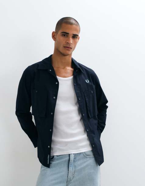 Fred Perry relaxed cotton blend overshirt in navy - view 1