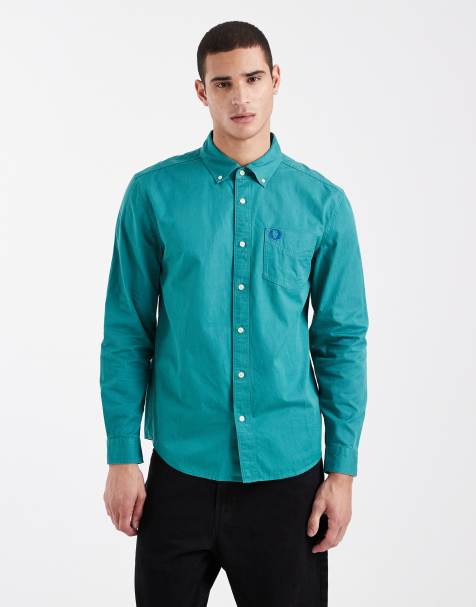 Fred Perry relaxed fit washed twill pocket logo shirt in teal 