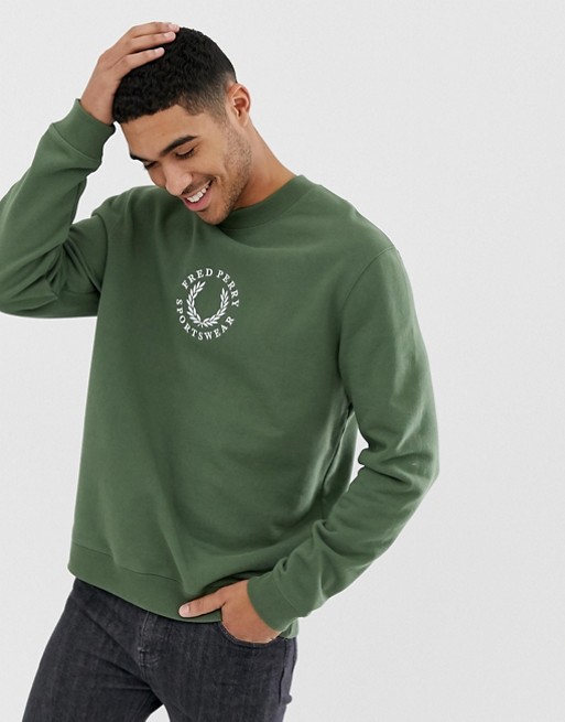 Fred Perry retro embroidered crew neck sweat in green | ASOS