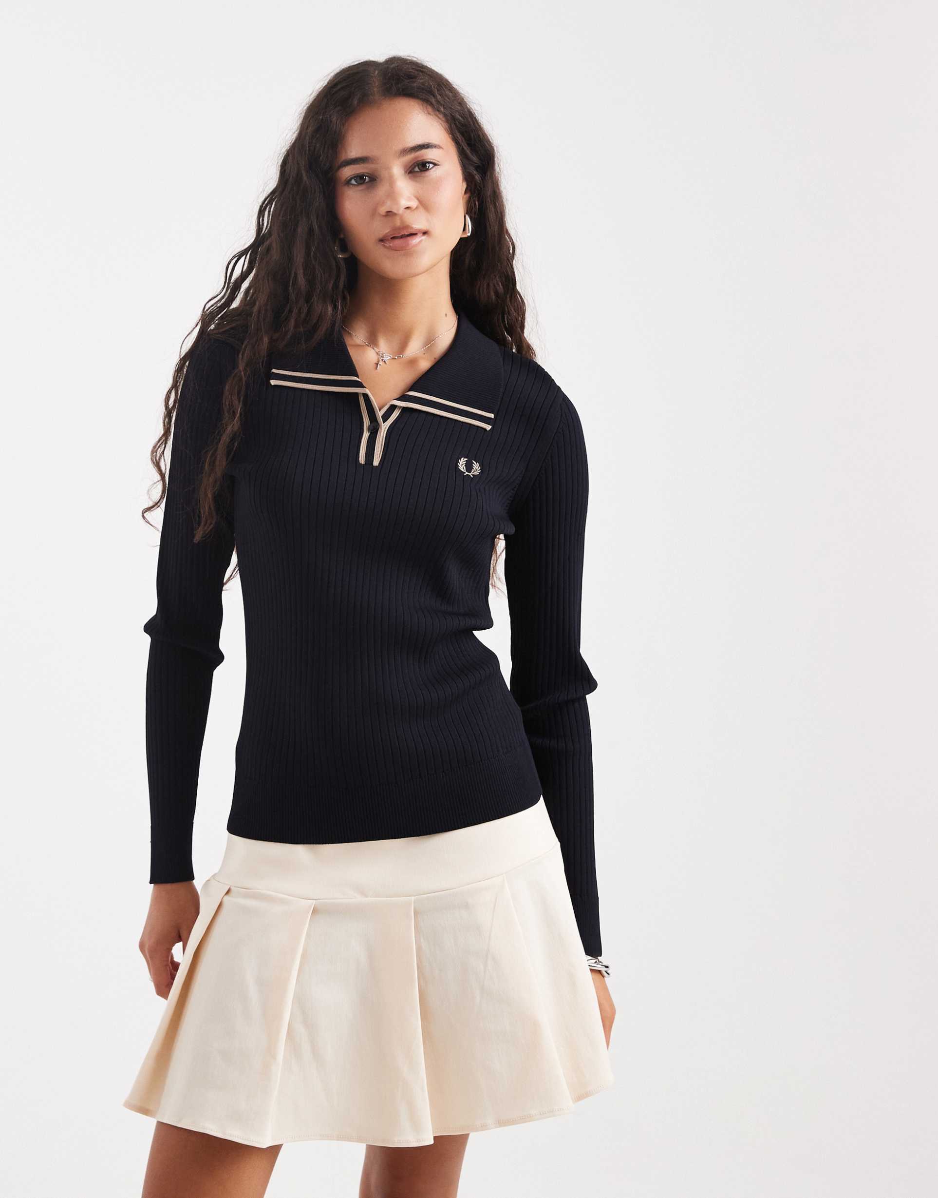 fred perry rib knit polo shirt in navy