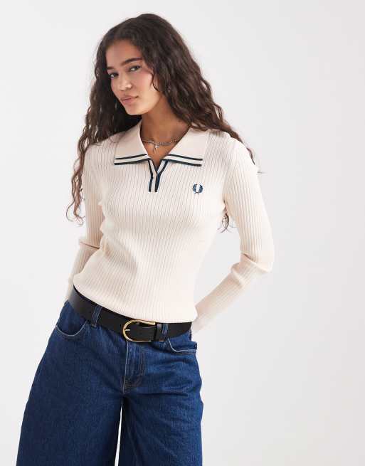 Fred Perry rib knit polo shirt in peach | ASOS