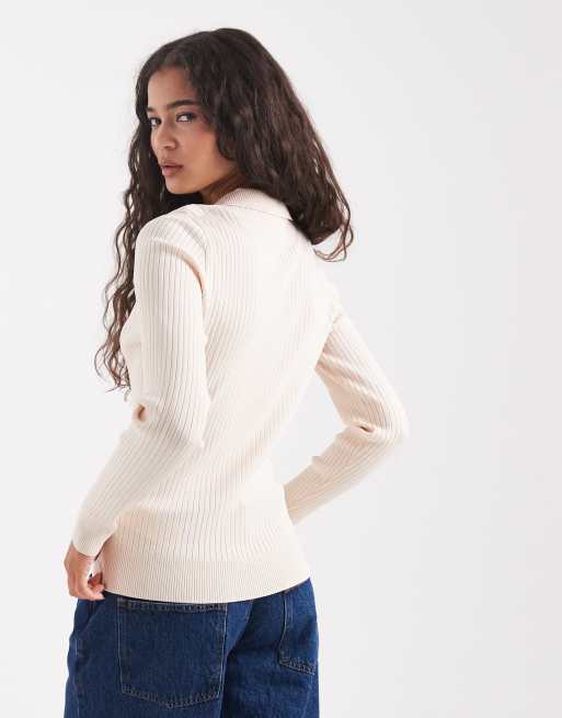 トップス FRED PERRY Ribbed Polo Shirt Metallic Rib Knit Polo Shirt - Ecru | Amy Winehouse