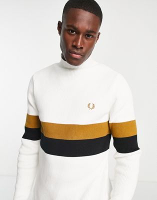 Fred Perry ribbed funnel neck jumper in white