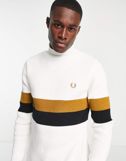 Fred Perry Ribbed Funnel Neck Sweater In White