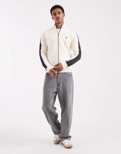 FRED PERRY ホワイトセットアップ Fred Perry ribbed long sleeve zip up sweater in ecru | ASOS