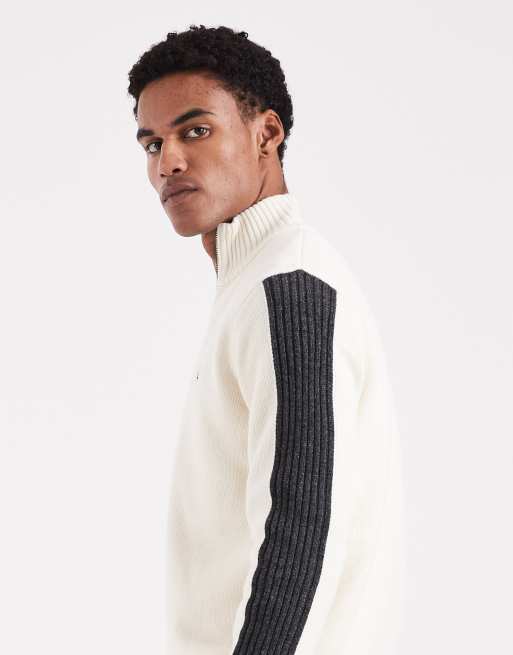 Fred Perry ribbed long sleeve zip up sweater in ecru | ASOS