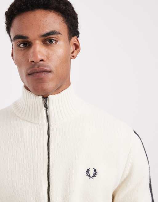 Fred Perry ribbed long sleeve zip up sweater in ecru | ASOS