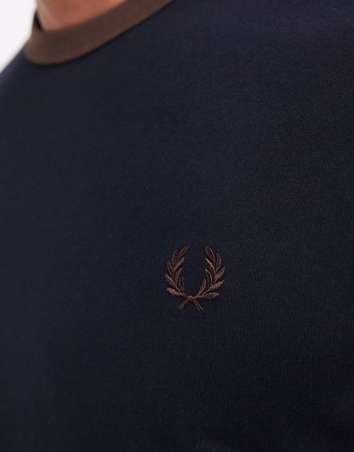 Fred Perry - Ringer T-shirt met contrasterende tape in marineblauw en bruin, 5 van 5
