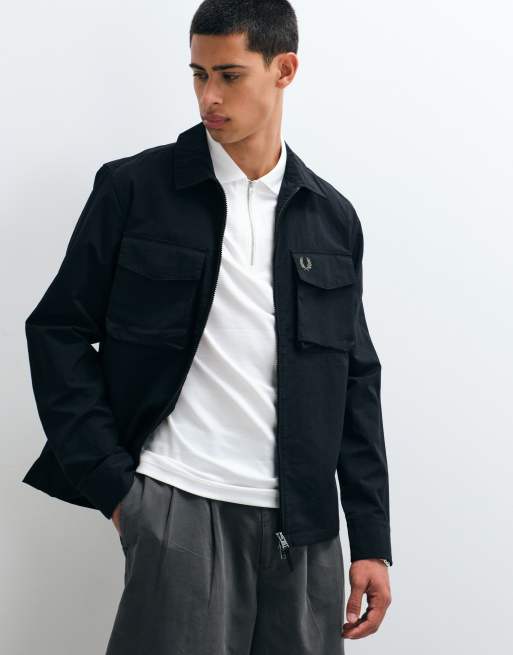 Fred Perry ripstop zip up pocket overshirt in black, 3 of 5
